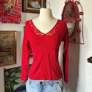 inspire one step up red ribbed lace long sleeve top